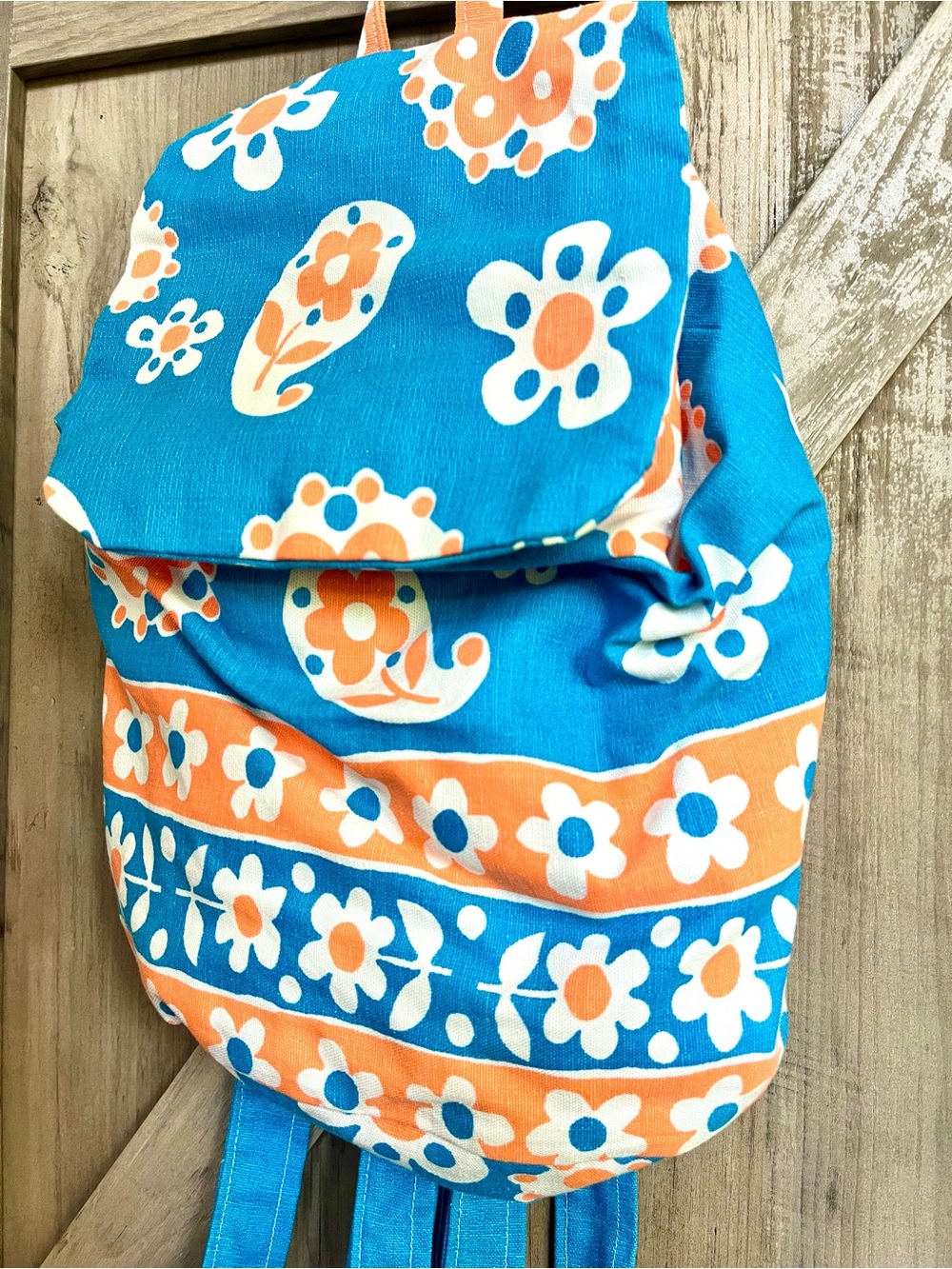 Fabric Backpack Handmade Bag Blue Orange Floral Adjustable Straps Women’s